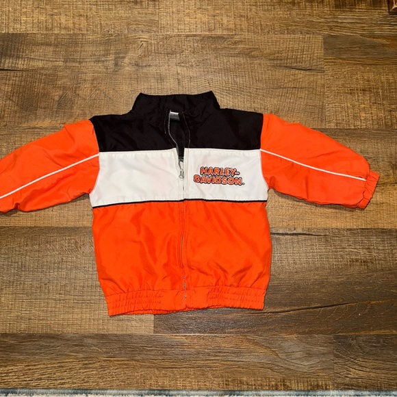 Harley-Davidson Kids Jacket Orange Black White Zip Up Windbreaker 100% Polyester - Picture 1 of 6